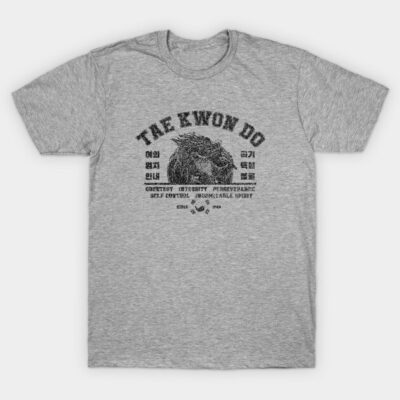 Gray Taekwondo graphic t-shirt, cotton blend, casual wear, motivational text, ideal for martial arts enthusiasts.