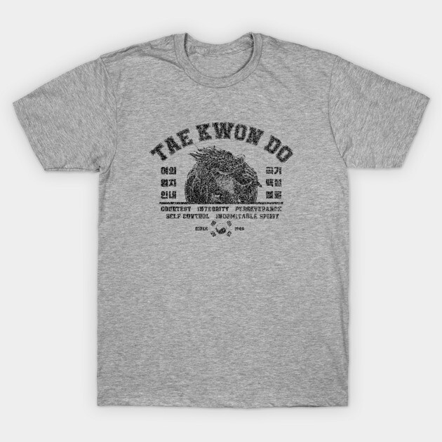Gray Taekwondo graphic t-shirt, cotton blend, casual wear, motivational text, ideal for martial arts enthusiasts.