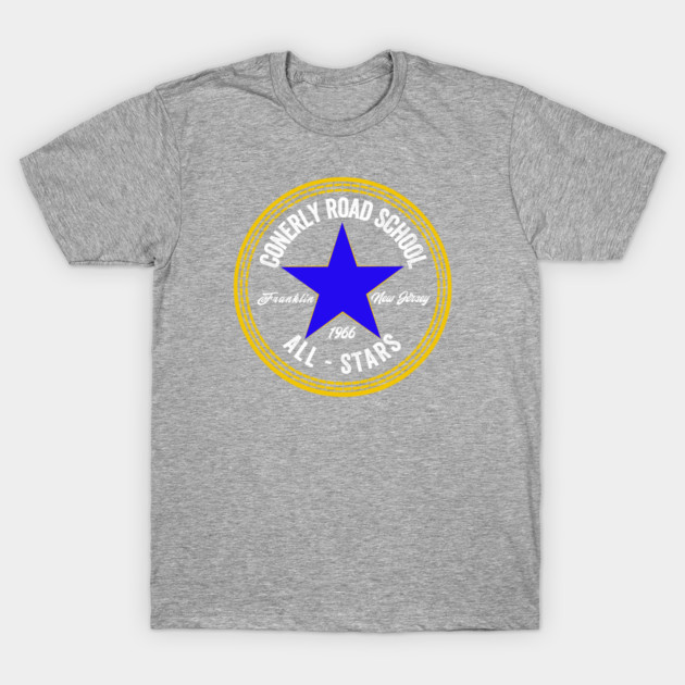 Gray t-shirt with blue star and text design, featuring soft cotton material, casual style, ideal for everyday wear.