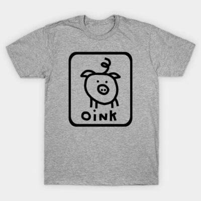 Gray t-shirt with black pig illustration and "Oink" text, casual style, cotton fabric, suitable for everyday wear.