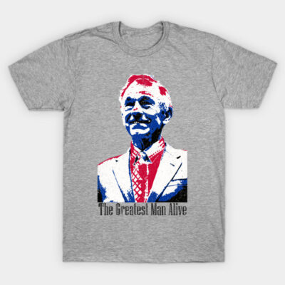Gray t-shirt with red, blue, and white graphic design, featuring text "The Greatest Man Alive," casual style.