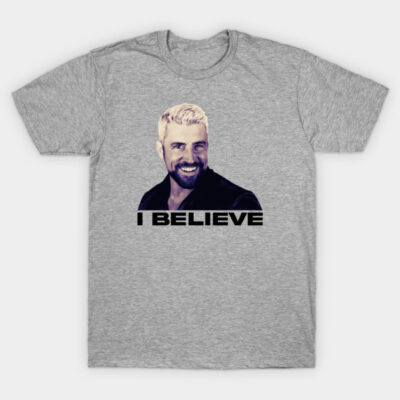 Gray unisex t-shirt with graphic print and "I Believe" text, casual style, cotton blend, perfect for everyday wear.