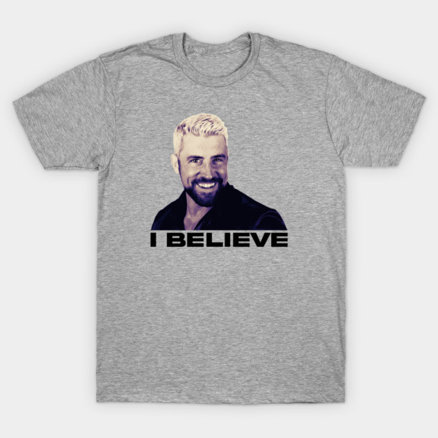 Gray unisex t-shirt with graphic print and "I Believe" text, casual style, cotton blend, perfect for everyday wear.