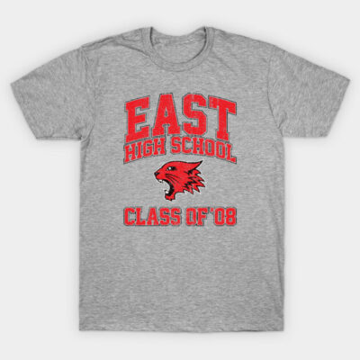 Gray t-shirt with red "East High School Class of '08" print, featuring a fierce wildcat graphic. Ideal for alumni.
