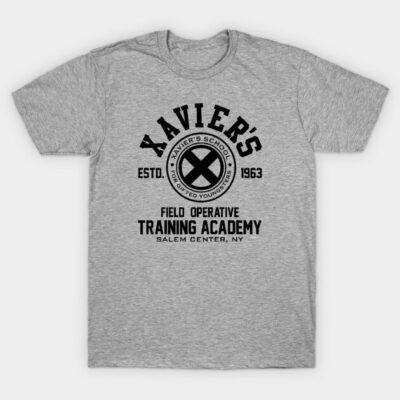 Gray "Xavier's School" graphic tee, casual style, cotton material, ideal for everyday wear.