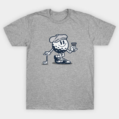 Gray graphic t-shirt with a cartoon golf ball character holding a club and drink, casual wear, cotton blend.