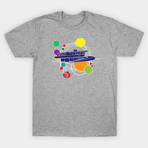Gray t-shirt with colorful abstract design, featuring geometric shapes and a central circular motif, cotton blend fabric.