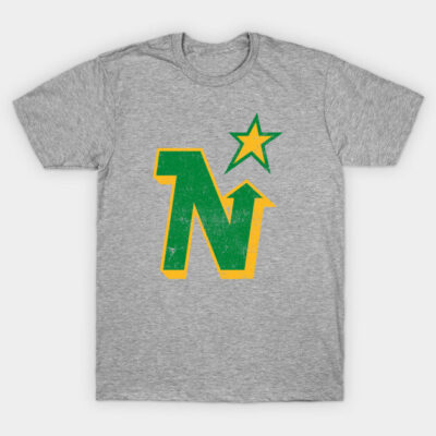 Gray T-shirt with retro green and yellow logo design, casual style, comfortable cotton material. Ideal for everyday wear.