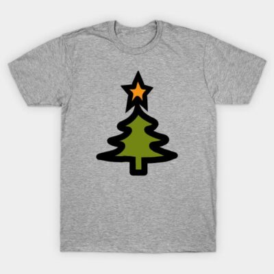Gray T-shirt with green Christmas tree and orange star design, casual holiday wear, cotton material.