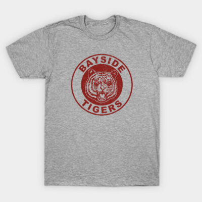 Gray t-shirt with red "Bayside Tigers" logo, casual style, cotton material, perfect for everyday wear.