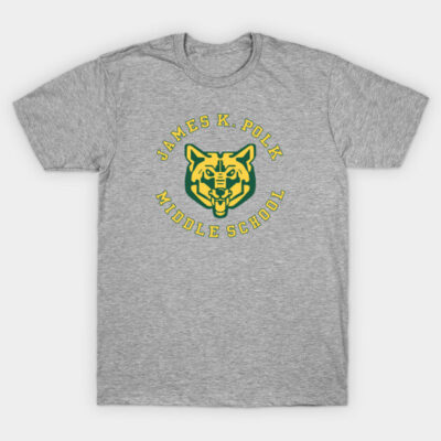 Gray t-shirt with "James K. Polk Middle School" and mascot design in green and yellow, casual wear, cotton blend.