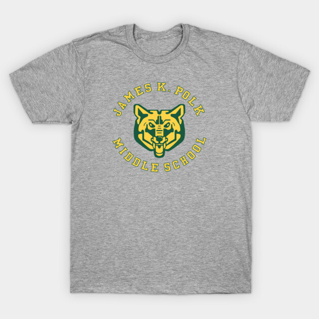 Gray t-shirt with "James K. Polk Middle School" and mascot design in green and yellow, casual wear, cotton blend.