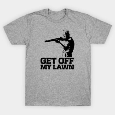 Gray T-shirt with humorous "Get Off My Lawn" graphic, casual style, cotton fabric, unisex adult sizing.