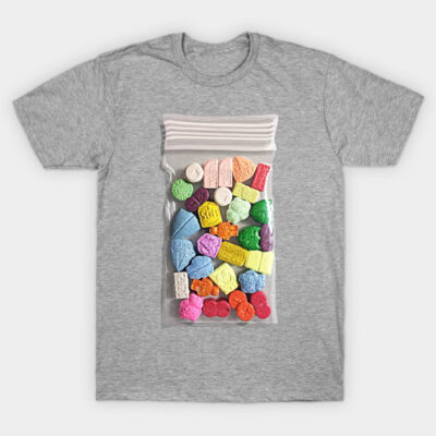 Gray cotton t-shirt with colorful graphic of candy in a clear bag, casual wear, modern style.