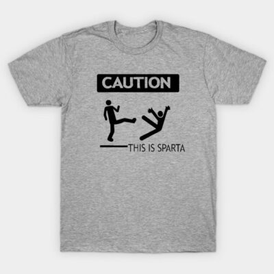 Gray t-shirt with "Caution This is Sparta" design, featuring stick figures. Casual style, perfect for everyday wear.
