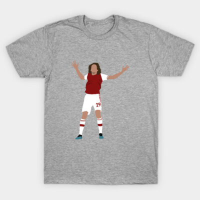 Gray T-shirt with soccer player illustration, red jersey, white shorts, sports-themed casual wear, cotton material.