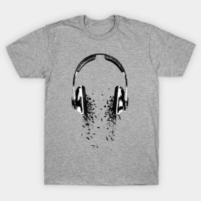 Gray T-shirt with abstract black headphones graphic, casual style, cotton material, perfect for music lovers.
