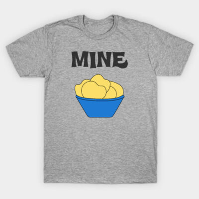 Gray t-shirt with "MINE" text and blue bowl of yellow chips graphic, casual style, cotton material.