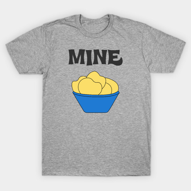 Gray t-shirt with "MINE" text and blue bowl of yellow chips graphic, casual style, cotton material.