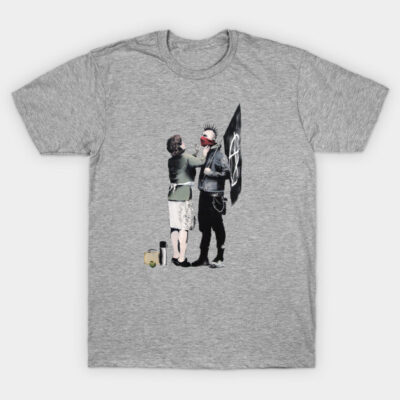 Gray cotton t-shirt featuring a unique street art graphic design, ideal for casual wear and artistic expression.
