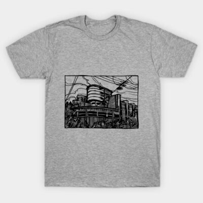 Gray cotton T-shirt with urban line art design, casual style, suitable for everyday wear.