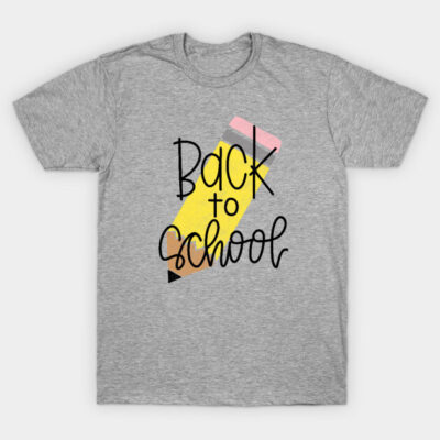 Gray "Back to School" T-shirt featuring a pencil graphic, casual style, perfect for students, cotton blend material.