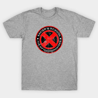 Gray t-shirt with red and black circle logo graphic, casual style, cotton material, suitable for everyday wear.