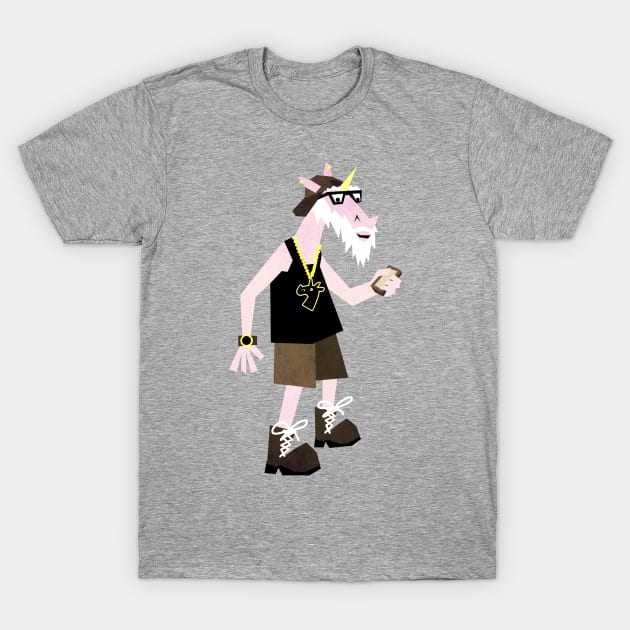 Gray t-shirt featuring a stylish cartoon goat with accessories, ideal for casual wear. Soft fabric for comfort.