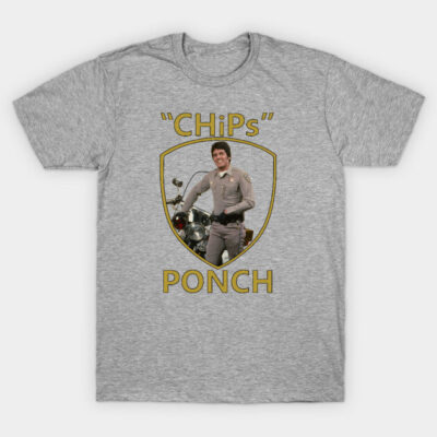 Gray t-shirt featuring retro motorcycle graphic and "CHiPs Ponch" text, ideal for casual wear or vintage fans.