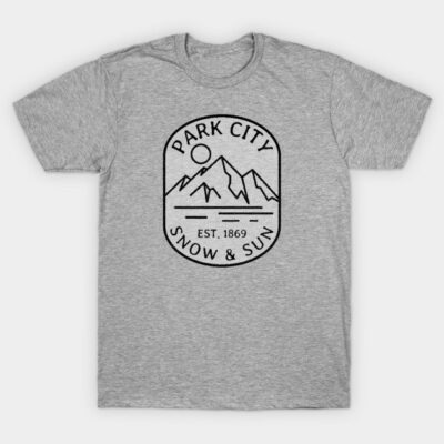 Gray t-shirt with "Park City Snow & Sun" mountain graphic design, casual wear, cotton blend, unisex style.