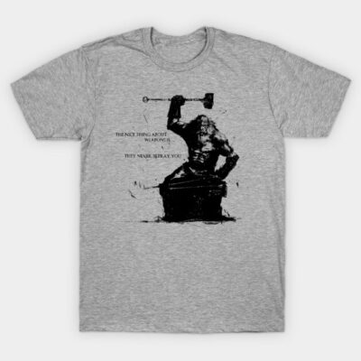 Gray graphic t-shirt featuring a Viking design with text, made of cotton, casual wear.