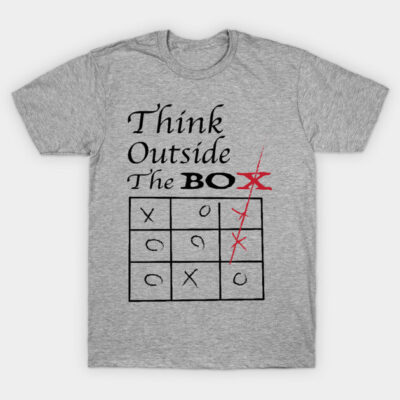 Gray t-shirt with "Think Outside The Box" design, featuring tic-tac-toe graphic and motivational text, casual wear.