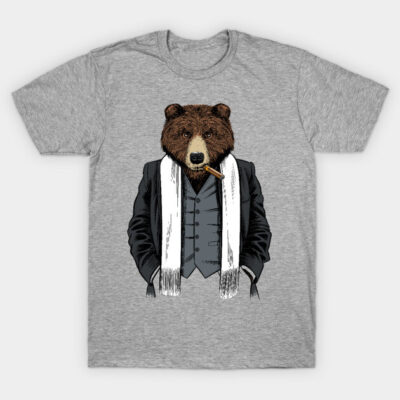 Gray T-shirt featuring a stylish bear in a suit graphic, perfect for casual wear and animal lovers. Cotton material.