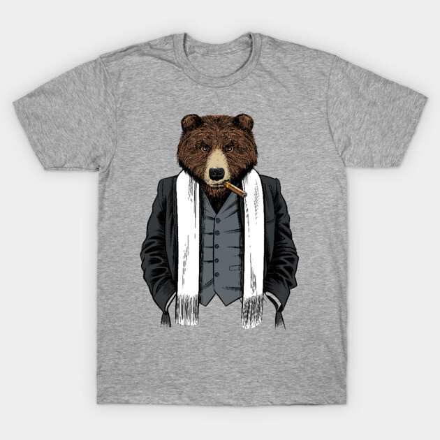 Gray T-shirt featuring a stylish bear in a suit graphic, perfect for casual wear and animal lovers. Cotton material.