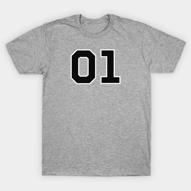 Gray cotton t-shirt with "01" printed in bold black font, casual style, perfect for everyday wear.