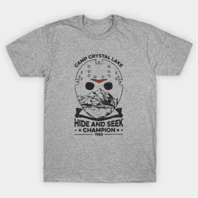 Gray "Camp Crystal Lake" graphic T-shirt, featuring a unique vintage design, perfect for casual wear. Cotton blend material.