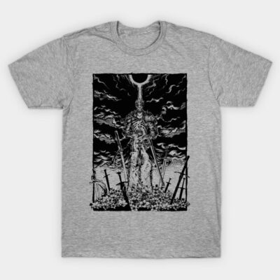 Gray graphic T-shirt with dark fantasy warrior design, cotton material, casual wear, ideal for fans of dark art themes.