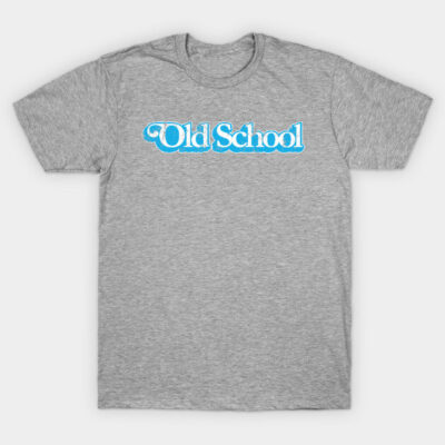 Gray "Old School" t-shirt with blue distressed text, casual style, cotton material, perfect for everyday wear.