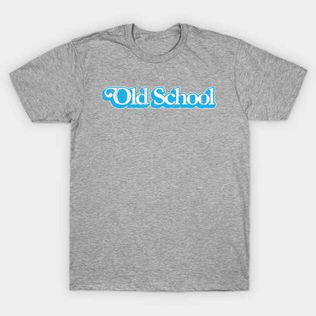Gray "Old School" t-shirt with blue distressed text, casual style, cotton material, perfect for everyday wear.
