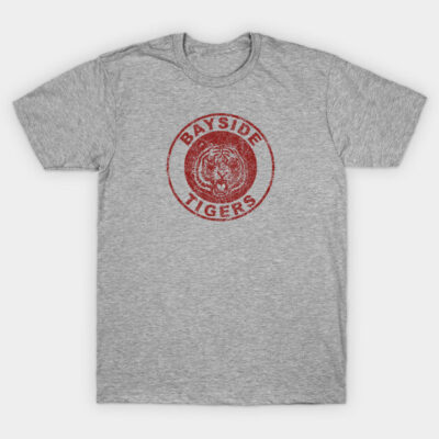 Gray cotton t-shirt with red "Bayside Tigers" graphic, casual style, perfect for everyday wear.
