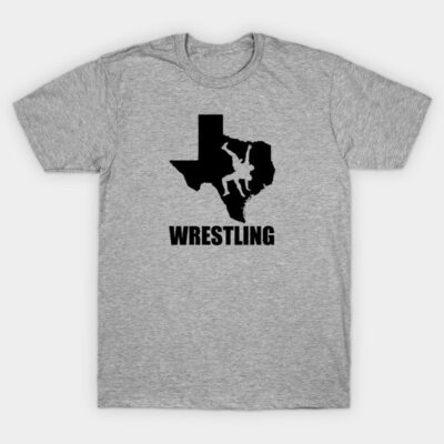 Gray Texas wrestling graphic t-shirt, short-sleeve, 100% cotton, casual wear for sports enthusiasts.