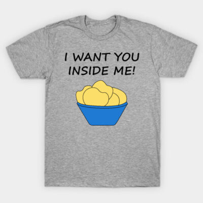Gray t-shirt with humorous text and chips graphic, casual style, cotton material. Perfect for everyday wear.