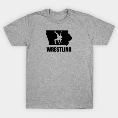 Gray wrestling-themed t-shirt, black graphic design, Iowa map silhouette, casual athletic wear, cotton blend material.