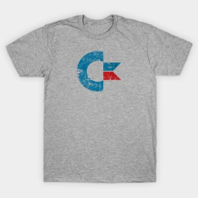 Gray t-shirt with retro blue and red logo, perfect for casual wear. Soft cotton material for comfortable everyday use.