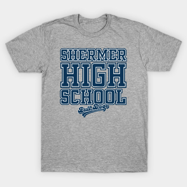 Gray Shermer High School t-shirt, casual style, soft cotton material, bold blue text design, perfect for everyday wear.