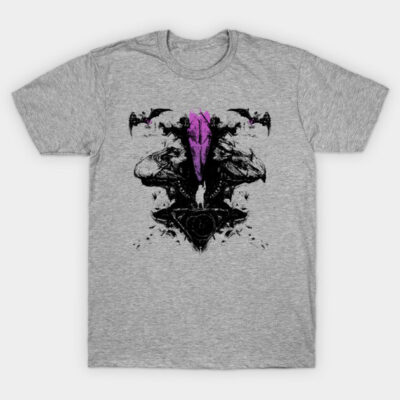 Gray graphic t-shirt with abstract black and purple design, casual wear, cotton material, unisex style.