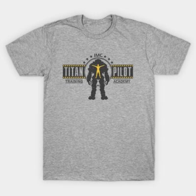 Gray "Titan Pilot Training Academy" t-shirt with bold graphic design, ideal for casual wear, soft cotton fabric.