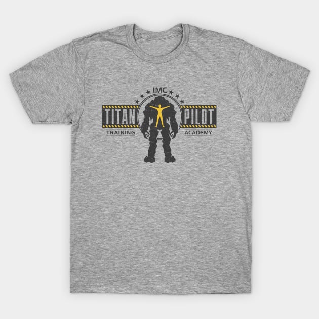 Gray "Titan Pilot Training Academy" t-shirt with bold graphic design, ideal for casual wear, soft cotton fabric.
