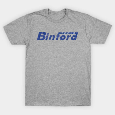 Gray "Binford Tools" t-shirt, casual style, soft cotton material, blue logo print, ideal for everyday wear.