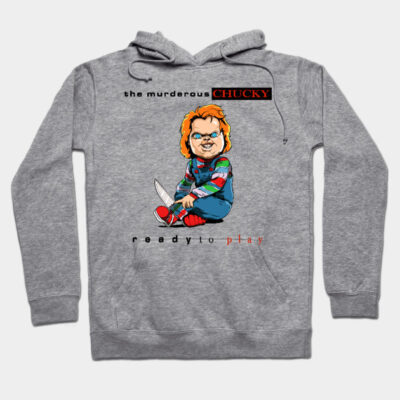 Gray hoodie with horror-themed graphic, colorful doll design. Cozy cotton blend, perfect for casual wear and fans.